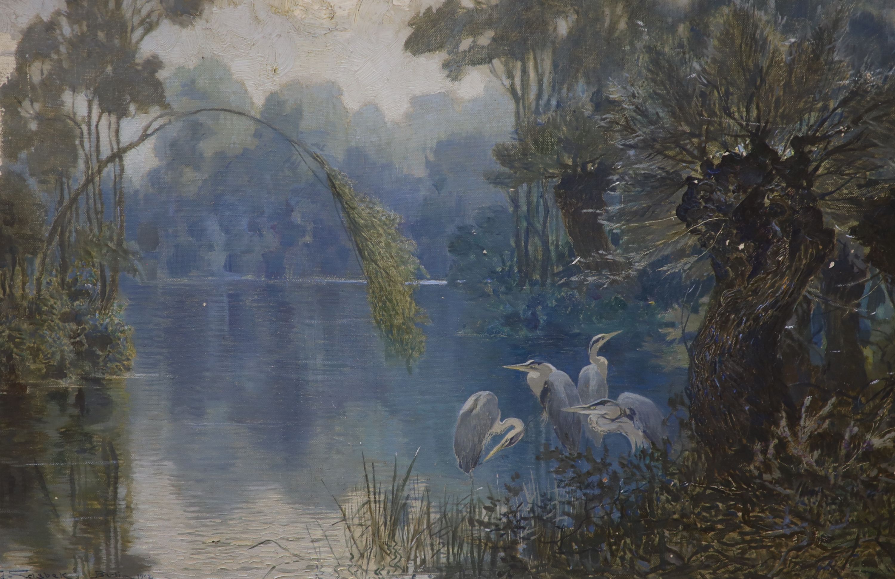 Ferdinand Schebek (1875-1949), oil on canvas board, Herons beside a lake, signed and dated 1912, 39 x 59cm (a.f.)